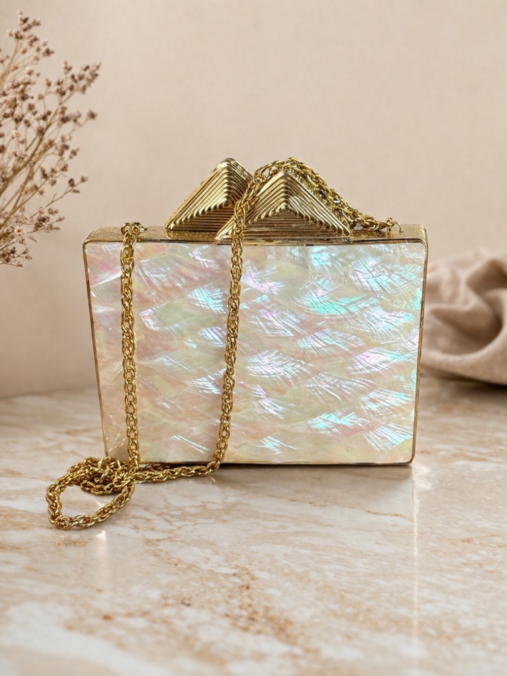 Iridescent Shell Effect Box Clutch with Gold Chain - Picture 5 of 12